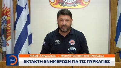 Χαρδαλιάς: "Η εικόνα των πυρκαγιών παρουσιάζει σταθεροποιητική τάση αλλά δεν εφησυχάζουμε" (βίντεο)