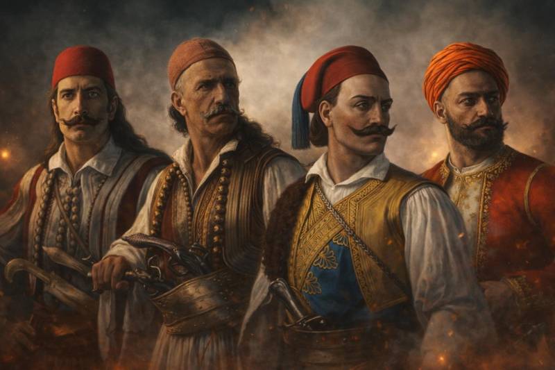 Ο φρούραρχος της Ιεράς Πόλεως Αθανάσιος Ραζικότσικας (ετών 30), και οι επικεφαλής των τριών φαλαγγών κατά την Έξοδο Δημήτριος Μακρής (ετών 54), Κίτσος Τζαβέλλας (ετών 26) και Νότης Μπότσαρης (ετών 70).