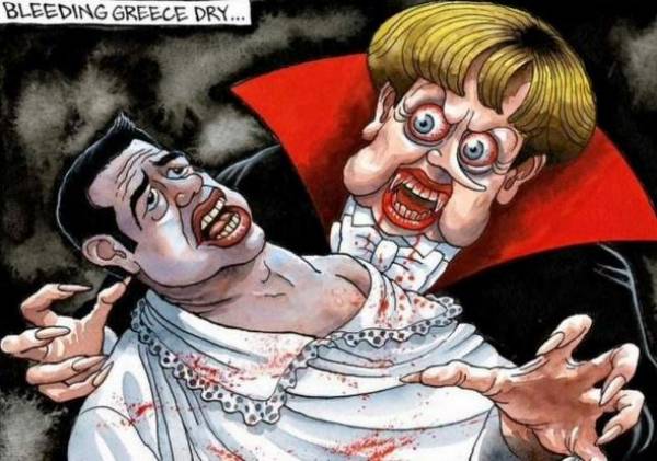 Η Μέρκελ «πίνει» το αίμα του Τσίπρα – Το σκίτσο που έγινε viral