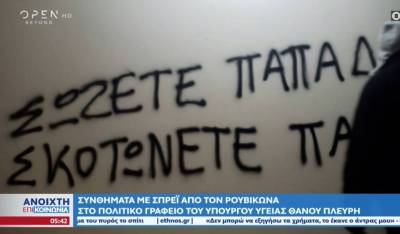 Συνθήματα με σπρέι από τον Ρουβίκωνα στο πολιτικό γραφείο του Θάνου Πλεύρη (Βίντεο)